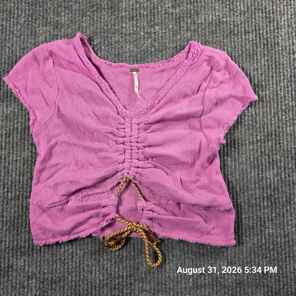 Free People Pink Ruched Front Thermal Crop Top V-Neck Raw Edge Small